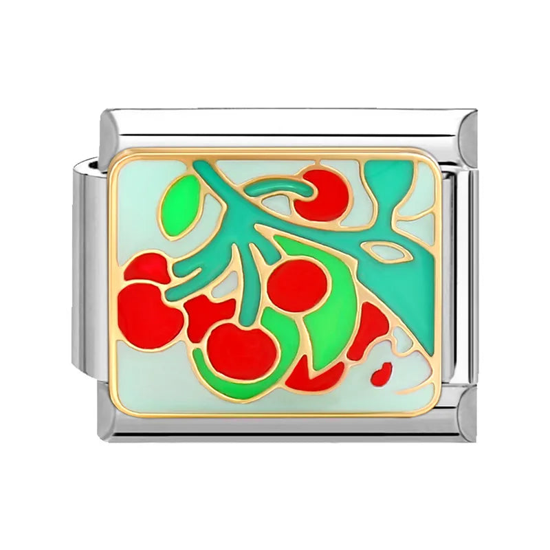 Sweet Red Cherry Bow Knot Heart Pendant Cherry Italian Charm Links Fit 9mm Stainless Steel Bracelet Women Jewelry DIY Making