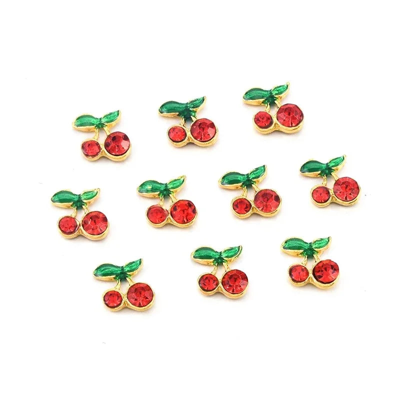 10PCS Alloy 3D Nail Art Cherry Charms Rhinestone Fruit Nails Decoration Supplies Jewelry Accessories Parts Manicure Materails