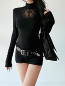 Turtleneck Top Y2k Clothes Black Gothic Cross Hollow Slimming Bottom T Shirt for Women Long Sleeve Sexy T-shirt Girls Tops