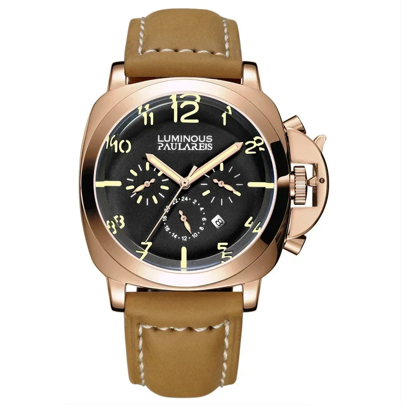 Automatic Watches for Men Mechanical Movement Genuine Brown Leather Multifunction Yellow Green Rose Gold Reloj Hombre Baratos