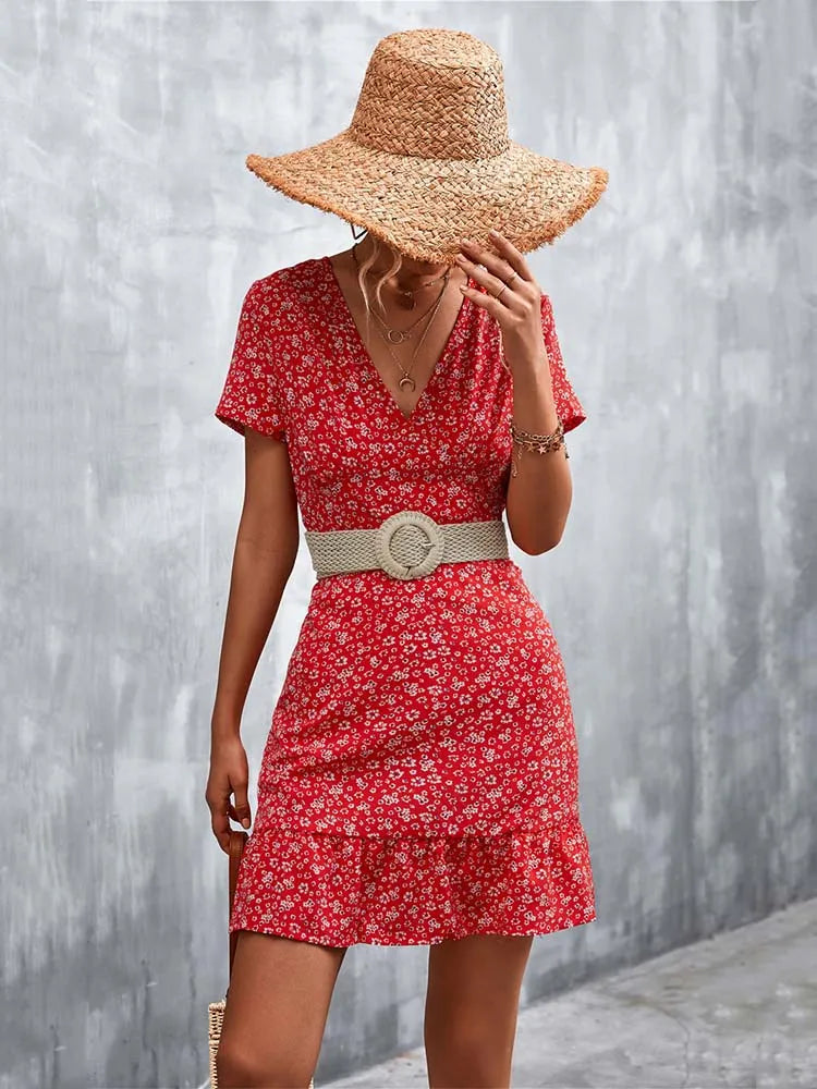 Summer Short Boho Dress Women V Neck Print Floral Party Dress Ladies Bohemian Flower Mini Dress For Women