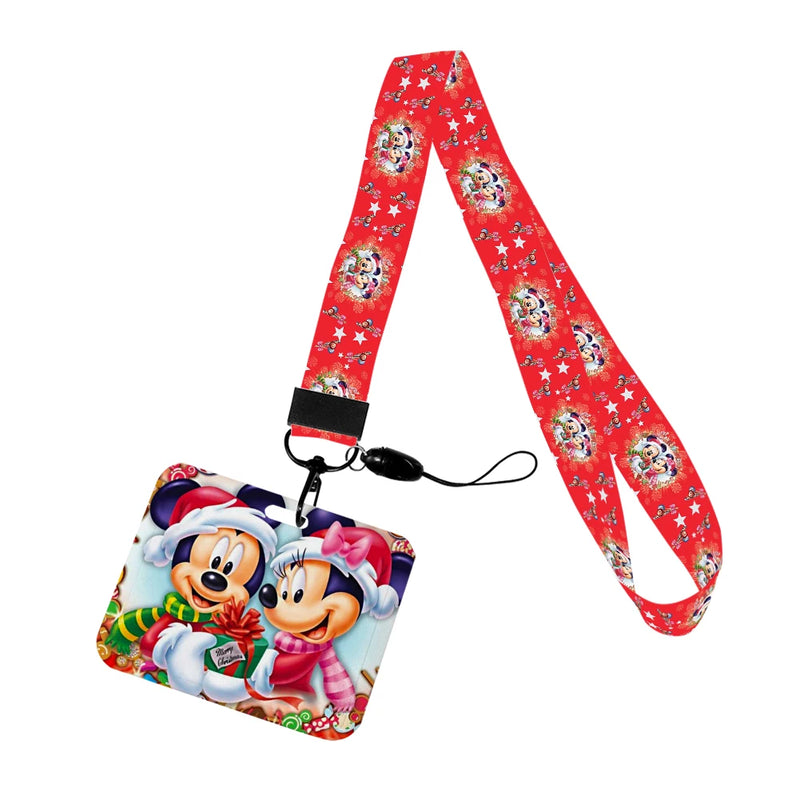 Christmas Design Disney Mickey Mouse Cute Cartoon Badge Holder ID Card Bus Card Holder Lanyard for Accessories Xmas Gifts