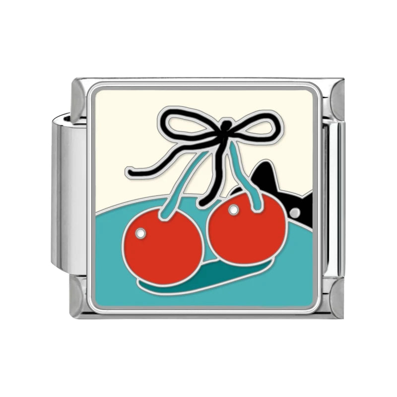 Sweet Red Cherry Bow Knot Heart Pendant Cherry Italian Charm Links Fit 9mm Stainless Steel Bracelet Women Jewelry DIY Making