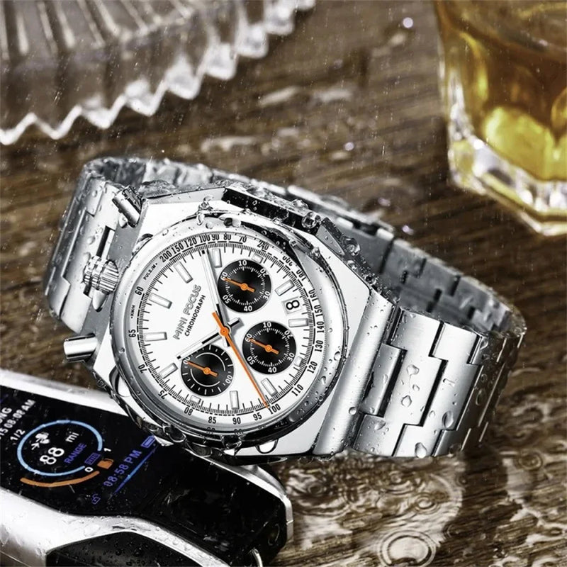 MINI FOCUS 0601 Multifunctional Unique design Quartz Watch for Men Calendar Luminous Stainless Steel Strap Bull Head Mens Watch