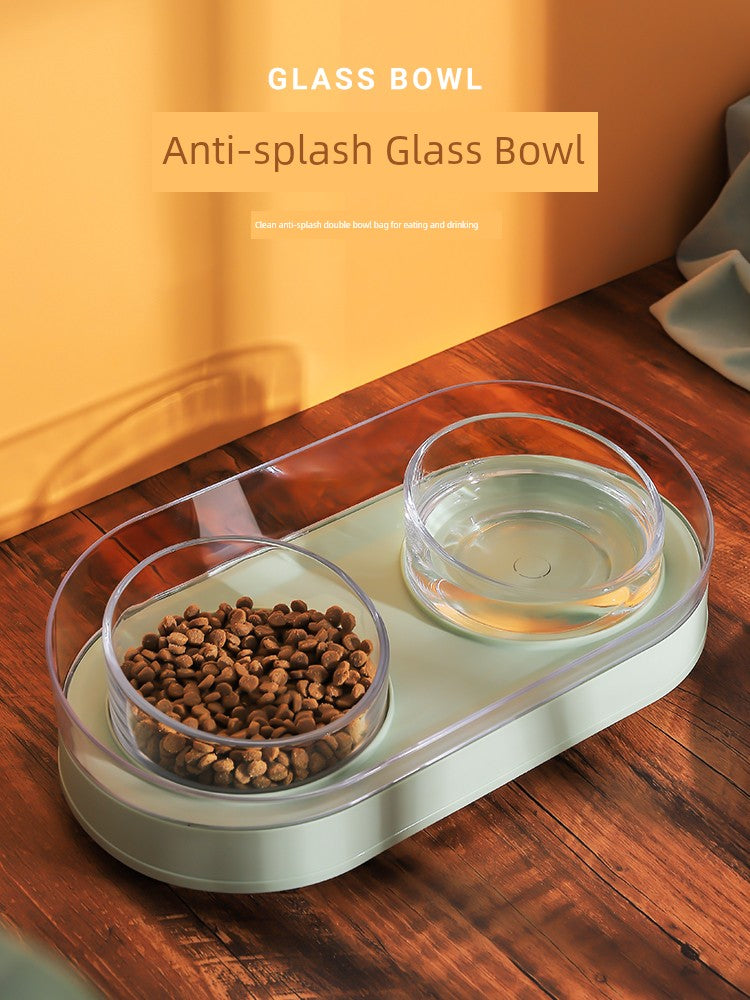 Cat Bowl Glass Cat Food Holder Double Bowl Dog Bowl Pet Bowl Cat Food Bowl Water Bowl Cat Supplies Protection Cervical Spine Anti-Tumble