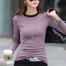 Spring Autumn Korean Fashion Clothes Cotton Tee Shirt Femme O Neck Tops Patchwork Women T Shirt Long Sleeve Slim Tshirts Mujer
