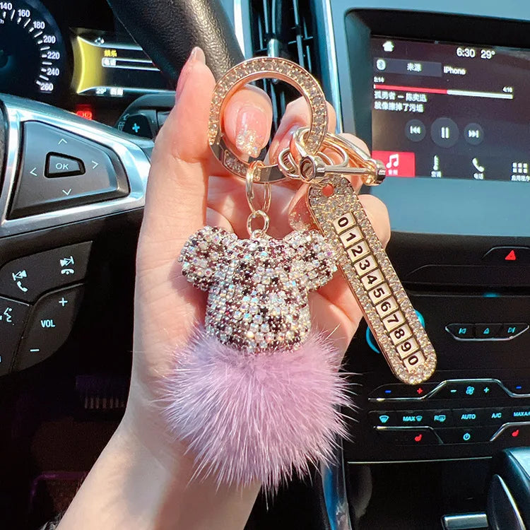 Luxury Handmade Craft Bear Keychain Mink Hair Anti-lost Number Plate Rhinestones Key Chain Lady Charm Bag Car Key Chain Gift