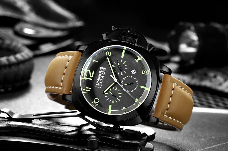 Automatic Watches for Men Mechanical Movement Genuine Brown Leather Multifunction Yellow Green Rose Gold Reloj Hombre Baratos