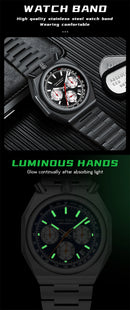 MINI FOCUS 0601 Multifunctional Unique design Quartz Watch for Men Calendar Luminous Stainless Steel Strap Bull Head Mens Watch