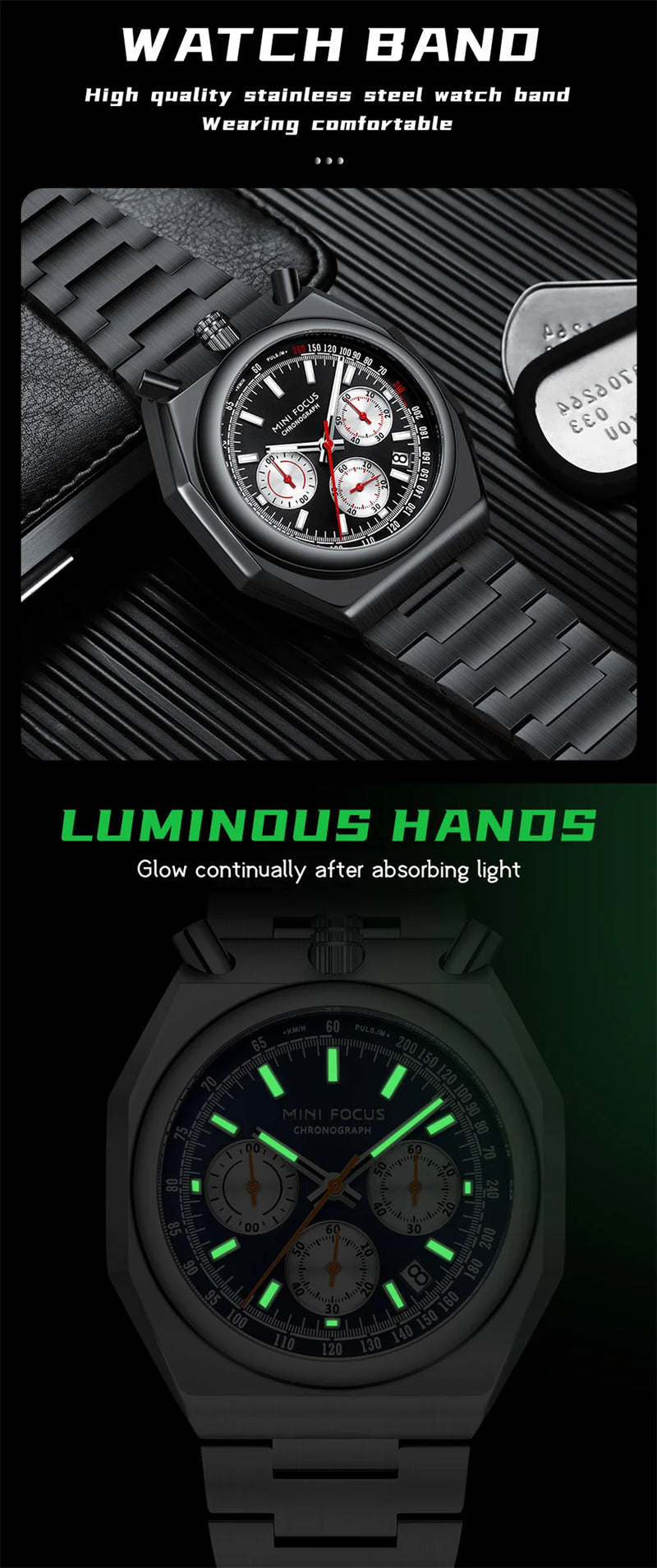 MINI FOCUS 0601 Multifunctional Unique design Quartz Watch for Men Calendar Luminous Stainless Steel Strap Bull Head Mens Watch