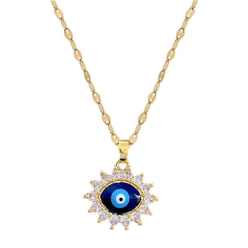 Blue Enamel Evil Eye Pendant Necklace Gold Color Female Fashion Jewelry CZ Zircon Clavicle Chain Women Necklace 2024 New