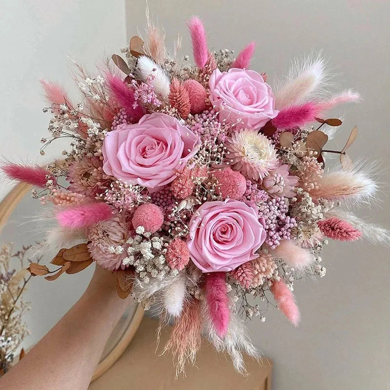 Natural Baby'sBreath Eternal Rose Wedding Bridal Bouquet Bridal Bridesmaid Hand Flowers Wedding Engagement Valentines Day Decor