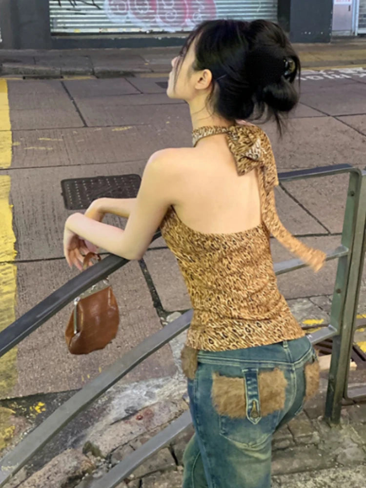 Y2k Aesthetic Hollow Out Leopard Sexy Tank Top Women Streetwear Backless Bandage Tanks Harajuku Halter Slim Fit Vintage Tops