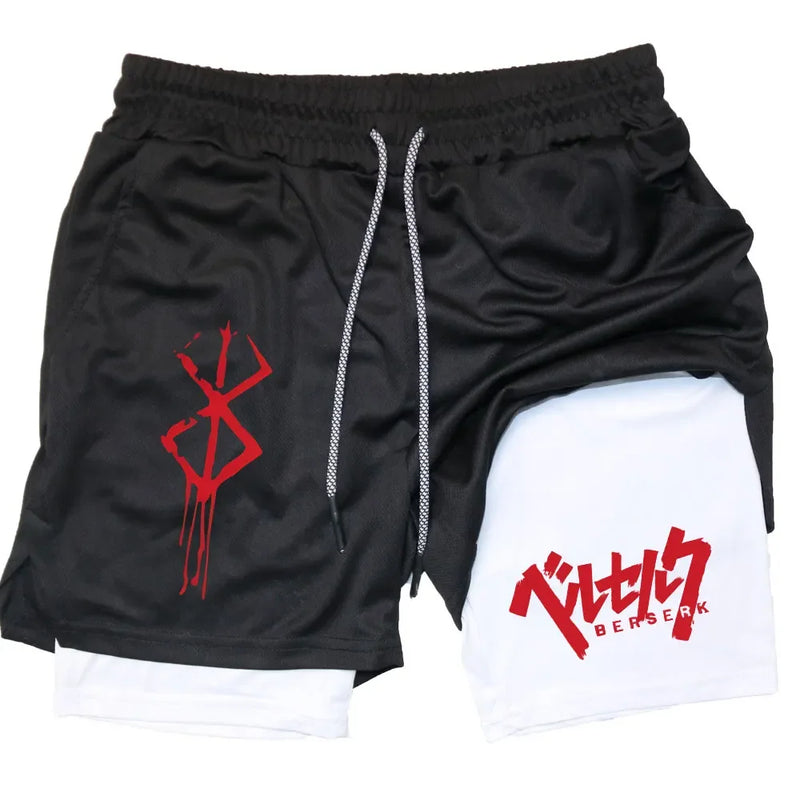Anime Berserk 2 in 1 Gym Shorts for Men Active Athletic Compression Shorts 5 Inch Quick Dry Stretchy Training Fitness Workout