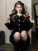 Korean Black Velvet Dresses for Women Single Breasted Long Sleeve Evening Party Dress Autumn Y2K Fashion A-line Vestido Mujer