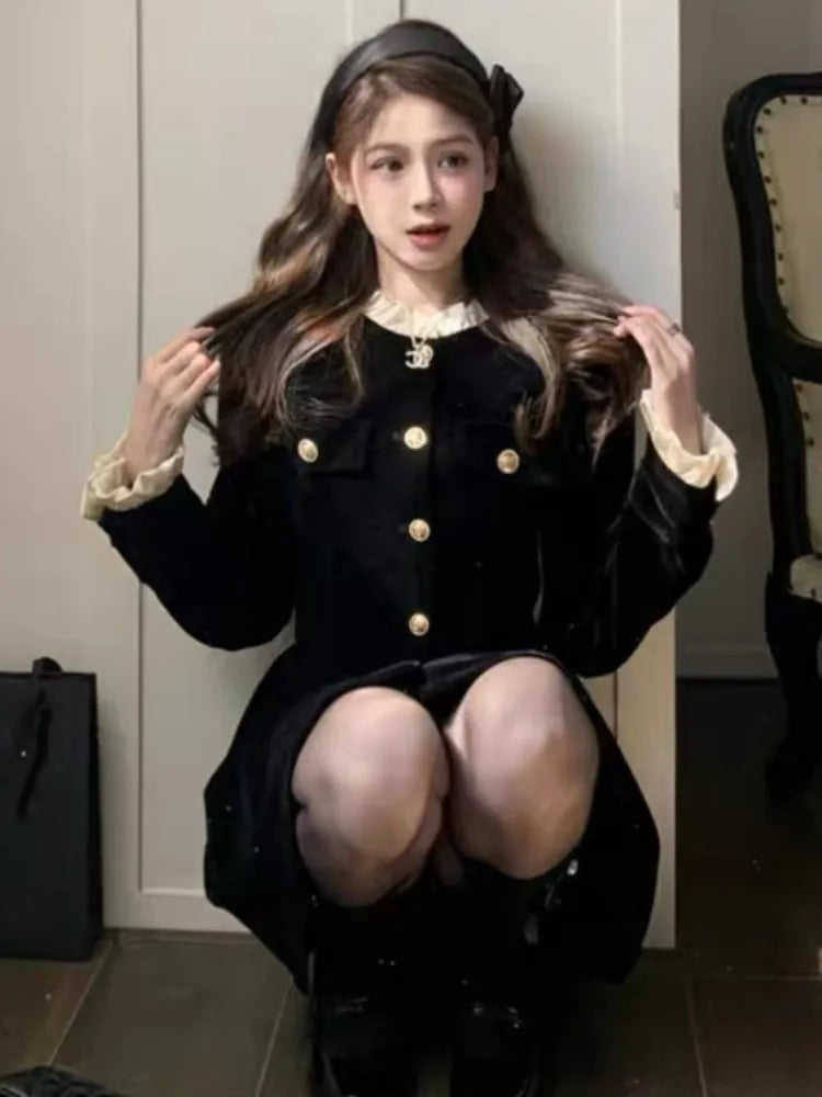 Korean Black Velvet Dresses for Women Single Breasted Long Sleeve Evening Party Dress Autumn Y2K Fashion A-line Vestido Mujer
