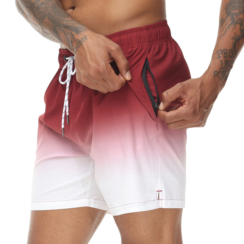 Men's Swim Trunks Gradient Swimming Shorts Quick Dry Beach Shorts with Zipper Pockets and Mesh Lining Fashion Swimsuit for Men