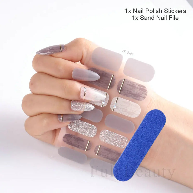 Gel Nail Stickers Lacquer Strips Full Cover Adhesive Slider Wraps With Line Foil Design Sanding File Nail Art Accessories LAJX22