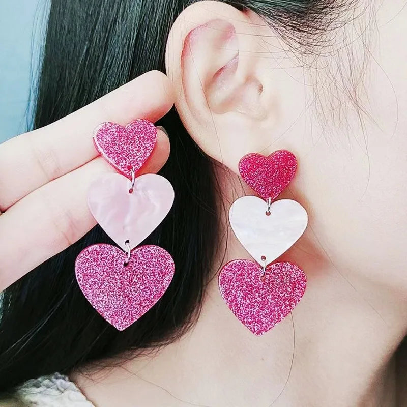 Barbie Powder Heart Earrings Dopamine Girl Sweet Acrylic Three-Layer Love Pendant Earring For Women Korean Fashion Party Jewelry