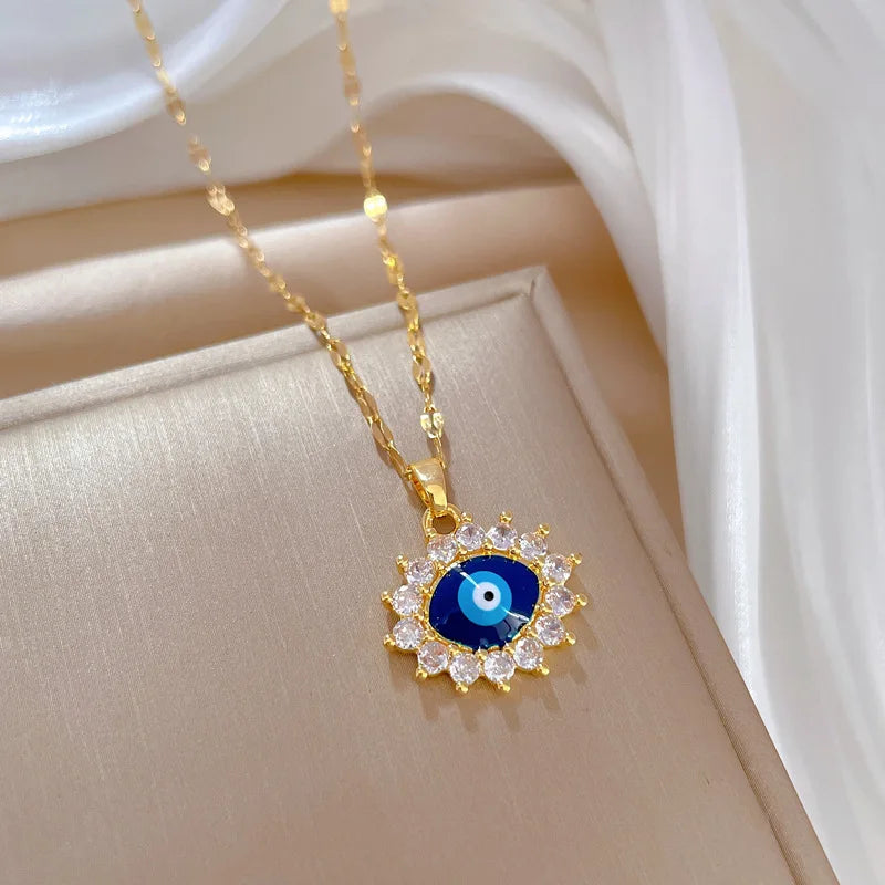 Blue Enamel Evil Eye Pendant Necklace Gold Color Female Fashion Jewelry CZ Zircon Clavicle Chain Women Necklace 2024 New