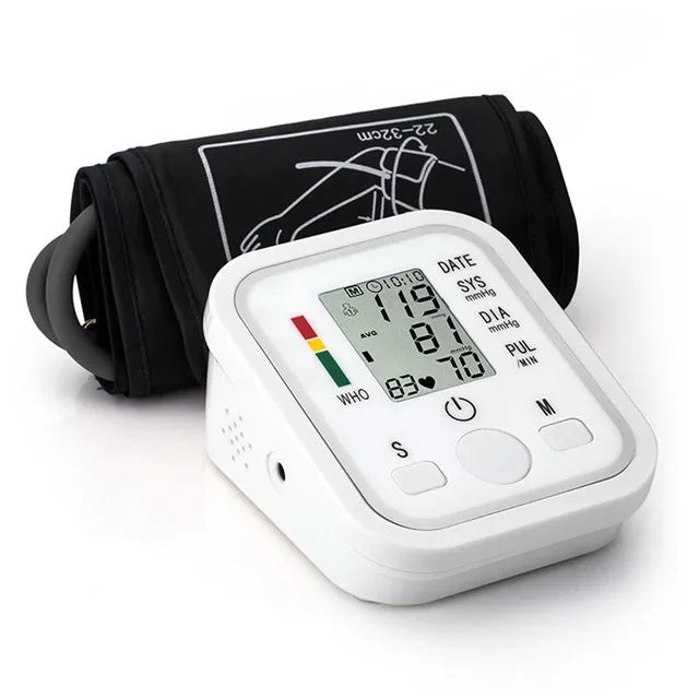 Monitor digital con sensor de presión arterial para brazo, tensiómetro, tonómetro automático, medidor de frecuencia cardíaca y pulso.