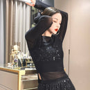 Spring Autumn Fashion Solid Round Neck Long Sleeve T-Shirts Women's Clothing Patchwork Sequin Bottoming Shirt Breathable Tops