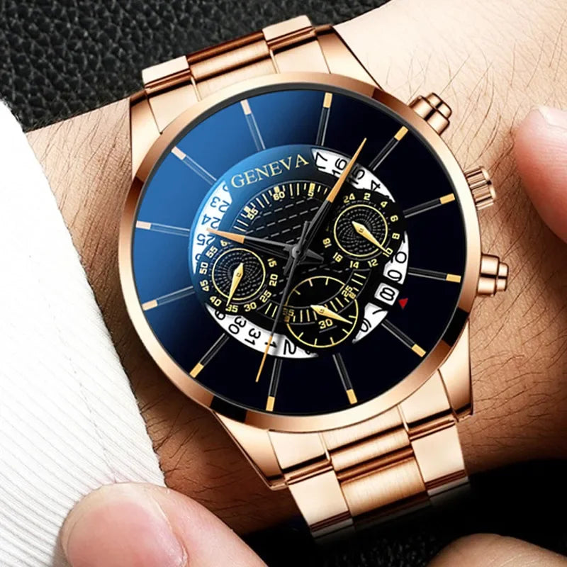Luxury Hollow Out Men's Watches Fashion Business Calendar Blue Stainless Steel Mesh Belt Analog Quartz Watch Relogio Masculino