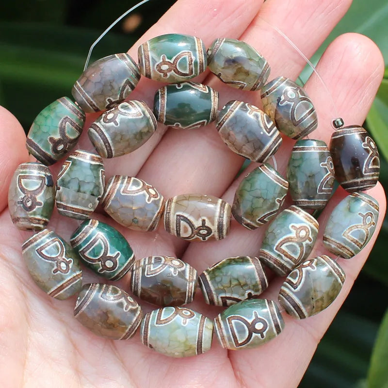 8pcs ,10x14mm Natural Green Agate Ancient Tibet Dzi beads, Many patterns, For DIY Jewelry making !