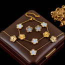 GANEMLY 316L Stainless Steel Red Plum Blossom Plant Leaf Flower Set Reversible Necklace Earrings Bracelet Women Clover Jewelry