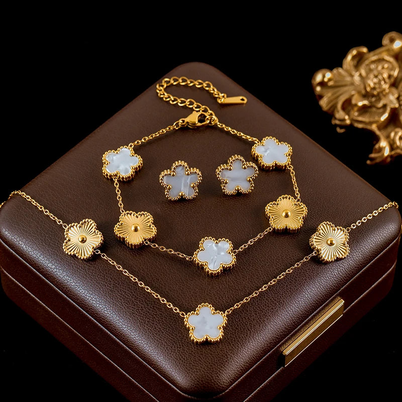 GANEMLY 316L Stainless Steel Red Plum Blossom Plant Leaf Flower Set Reversible Necklace Earrings Bracelet Women Clover Jewelry