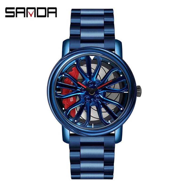 Hot Sell Fashion Men Quartz WristWatch Creative 360 Degree Rotating Car Wheel Quartz Watch Leather Waterproof Rim Hub Clock Men
