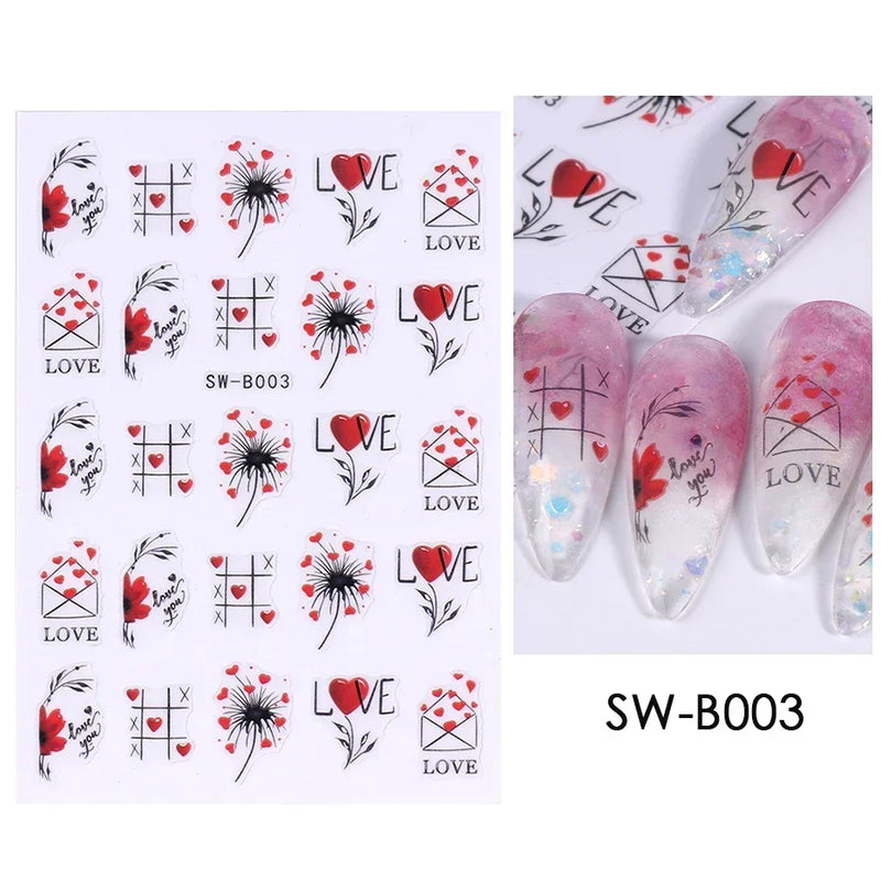 Red Wing Heart Nail Stickers 3D Glitter Stars Moon Lines Foil Metallic Manicure Valentines Decal Slider Manicure Decoration Tips