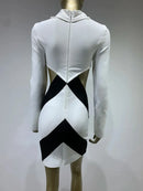 Women Sexy Long Sleeve Patchwork Black White Tie Cut Out Mini Bandage Dress 2023 Elegant Christmas Evening Club Party Dress