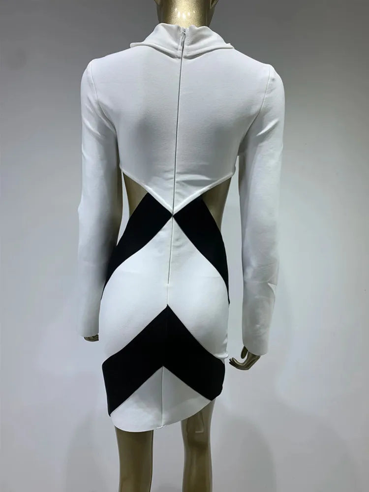 Women Sexy Long Sleeve Patchwork Black White Tie Cut Out Mini Bandage Dress 2023 Elegant Christmas Evening Club Party Dress