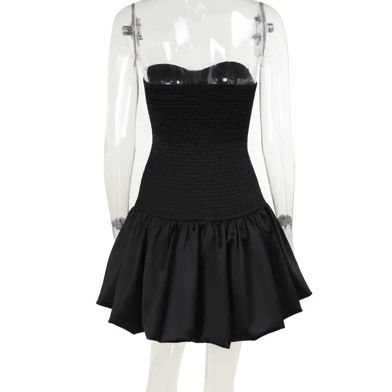 Fashion Sleeveless Backless High Waist Short Ruched Dresses for Women Sexy Strapless Slim A-line Pleated Mini Red Party Dress