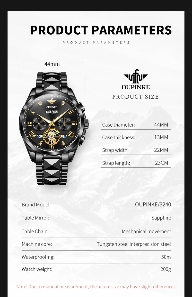 OUPINKE 3240 Automatic Watches Men 44mm Large Dial Tungsten Steel Strap Skeleton Flywheel Mechanical Watch for Men Luxury Watch