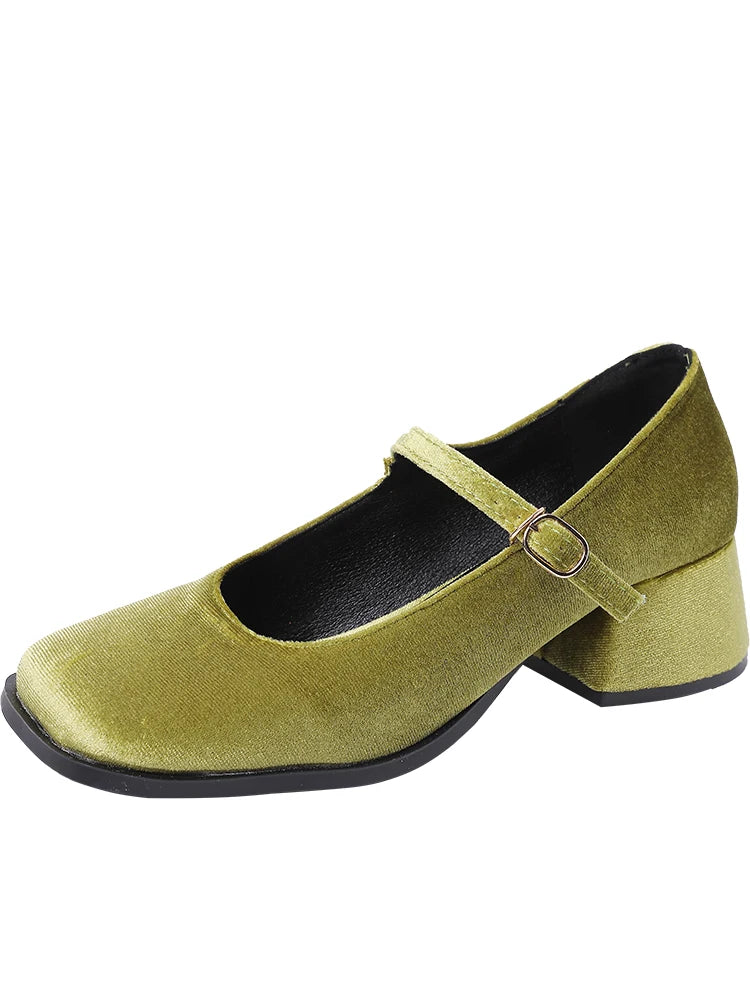 أحذية نسائية بكعب عالٍ 2023 جديدة للربيع والخريف بأزرار برأس مربع وكعب سميك من جلد الغزال وإبزيم ماري جين