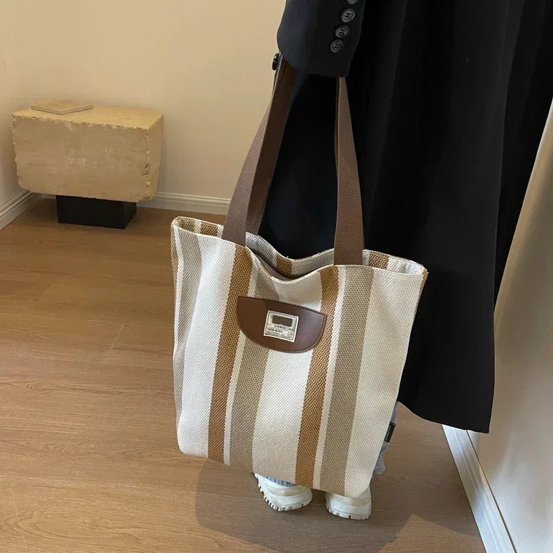 Casual Striped Canvas Zipper Large Capacity Shoulder Bags 2025 High Quality Sense of Luxury Color Matching Handbags for Women