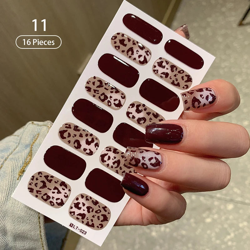 New 16 Strips Autumn Nail Stickers Full Cover Nail Patch Leopard Print 3D Nail Stickers Nail Polish Strips DIY Nail Art Making