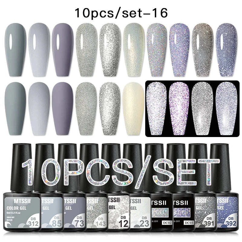 Mtssii 10PCS Reflective Gel Nail Polish Set Fluorescent Glitter Semi Permanent Hybrid Gel Varnish Soak Off UV Lamp For Manicure