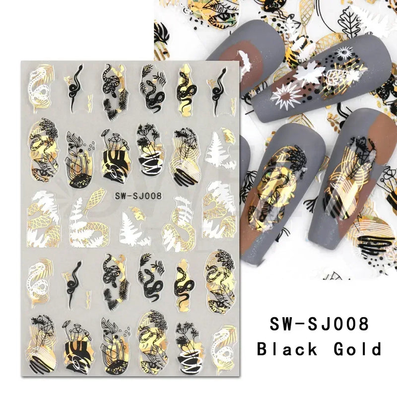 3D Snake Laser Stickers for Manicure Black Gold Abstract Leaves Luxury Nail Art Adhesive Slider Polish Decor Decals SASW-SJ