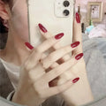 24pcs Wine Red Long Round Coffin Fake Nails With Glue Finished Art Full Cover Artificial Wearing False Nails Press On Nails Set