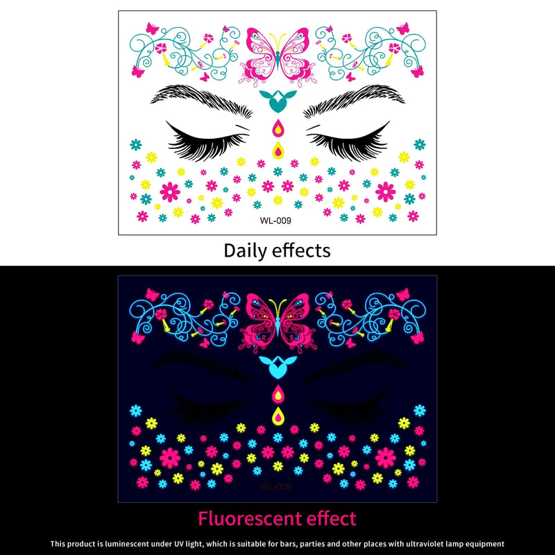 1Pc UV Neon Butterfly Flower Face Tattoo Stickers 14*15cm Waterproof Fluorescent Body Sticker for Club Party Makeup Face Sticker