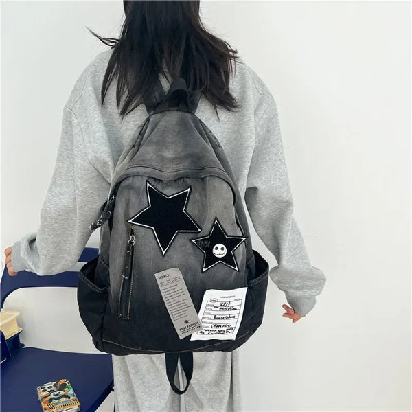New Original Denim Star Backpack Versatile Travel Bag For High School Students Double Shoulder Bag Vintage Feeling