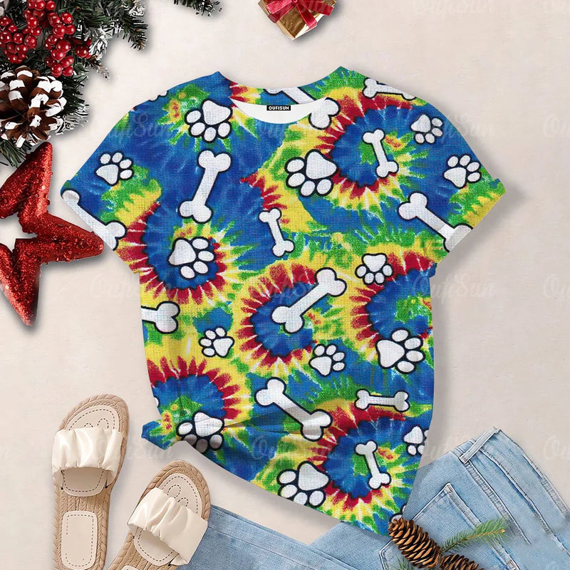 2024 Women's Top Summer Clothes Fashion Short-Sleeved Cat And Dog Paw Print Women's T-Shirt Cute Dog Paw Aesthetic Tops Woman