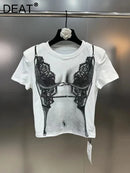 DEAT Fashion Trendy Women's Print Design Elastic T-shirt 2024 Summer New Items Round Neck Short Sleeves Tops Female 11XX9006