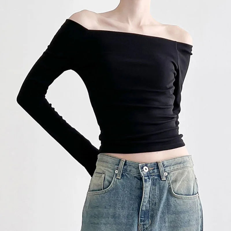 CIBBAR Solid Slash Neck Crop Top Women Off Shoulder Long Sleeve Skinny T-shirt Harajuku y2k Femme Clothing Autumn Casual Shirts