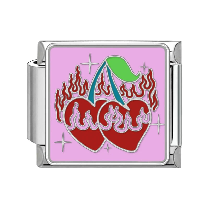 Sweet Red Cherry Bow Knot Heart Pendant Cherry Italian Charm Links Fit 9mm Stainless Steel Bracelet Women Jewelry DIY Making