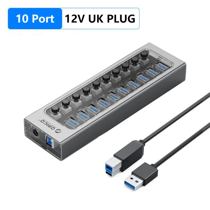 ORICO Powered USB Hub Splitter Socket with 7/10/13/16 Ports USB 3.0 Extension with On/Off Switches 12V Power Adapter for PC