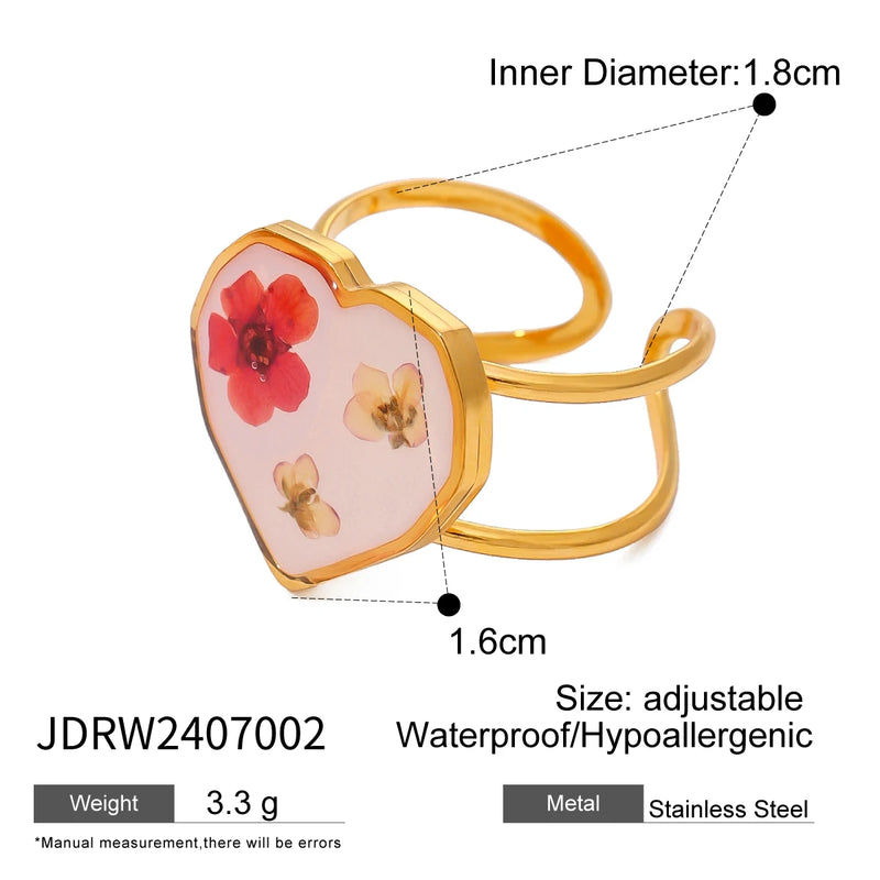 Light Cozy 18k Gold Plated Minimalist White Drip Oil Dried Flower Open End Ring Women Stainless Steel Statement Jewelry